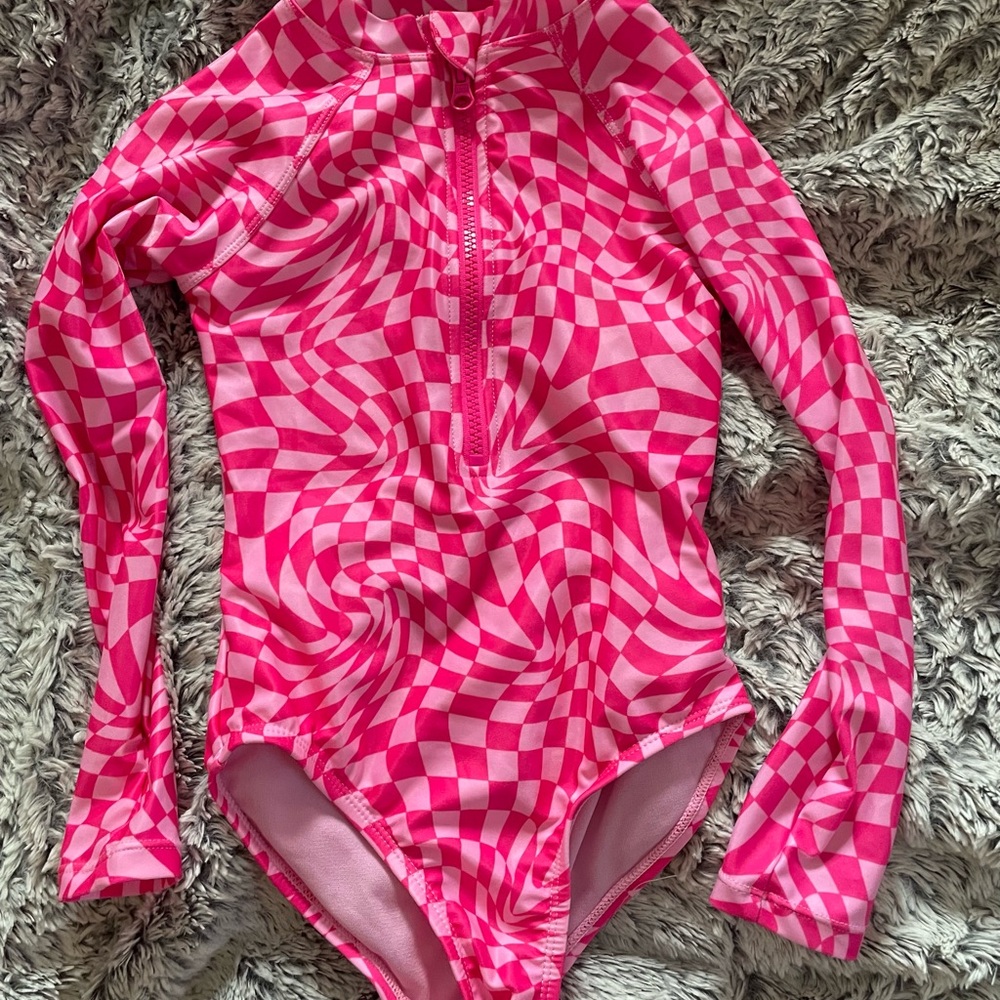 Girls' Pink Long-Sleeve One-Piece Swim Suit - Swirl Check